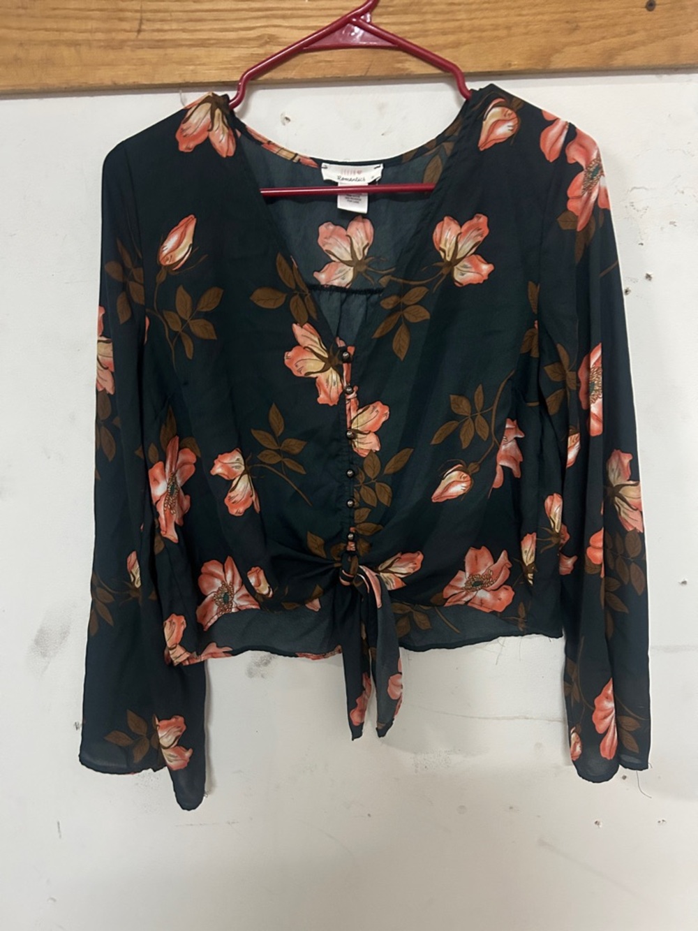 Floral Tie-Front Long Sleeve Top - Black with Coral Blooms
